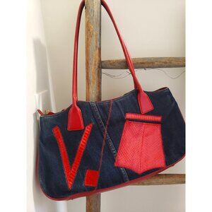 Louvier Paris Blue Jean Purse Vinyl Red accent Sequence Purse
